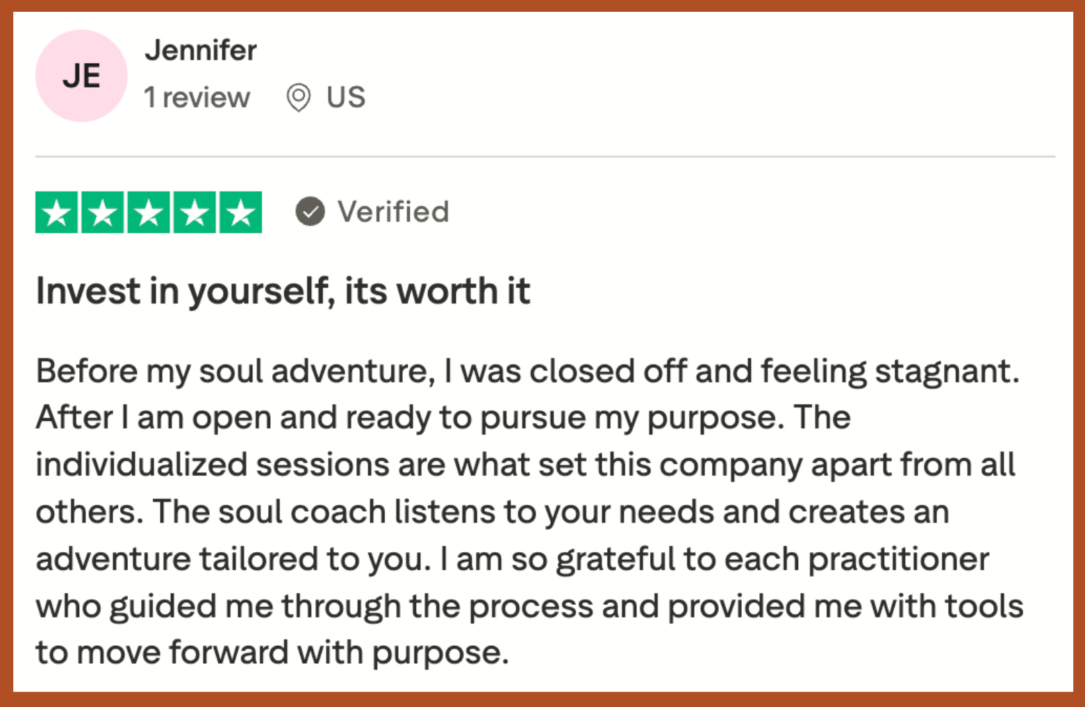 jennifer ssa testimonial - new Jennifer says, "Before my Sedona Soul Adventure, I was closed off and feeling stagnant. After I am open and ready to pursue my purpose. I now have the tools to move forward with purpose."