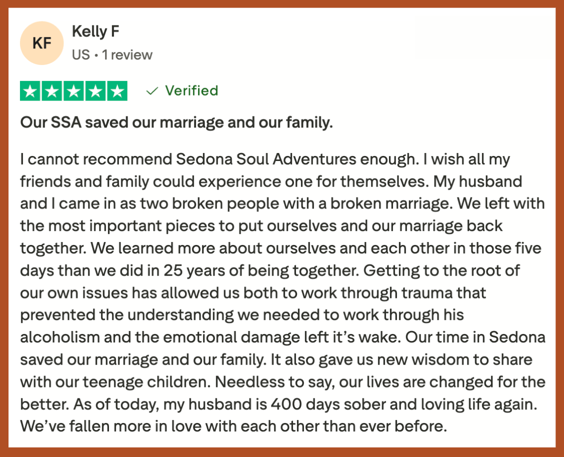 kelly f_ssa testimonial_couples retreat Kelly says, "Our Sedona Soul Adventure saved our marriage and our family."