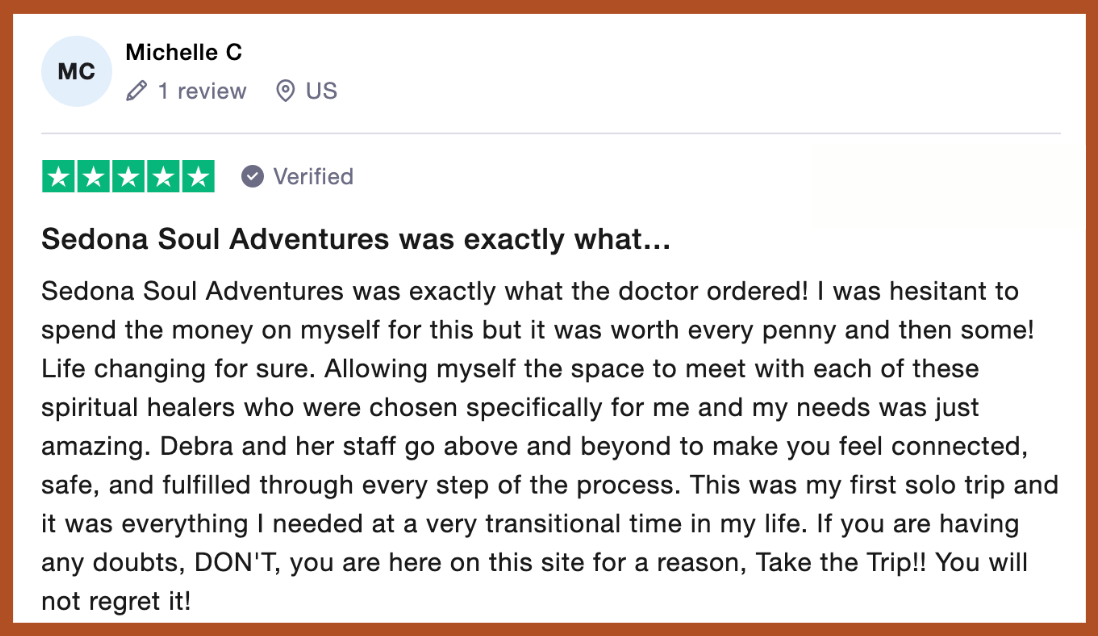 Michelle says her "life changing" Sedona Soul Adventure was "everything I needed" and "worth every penny"