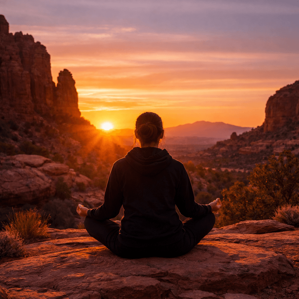 Sunset meditation among Sedona red rocks during retreat