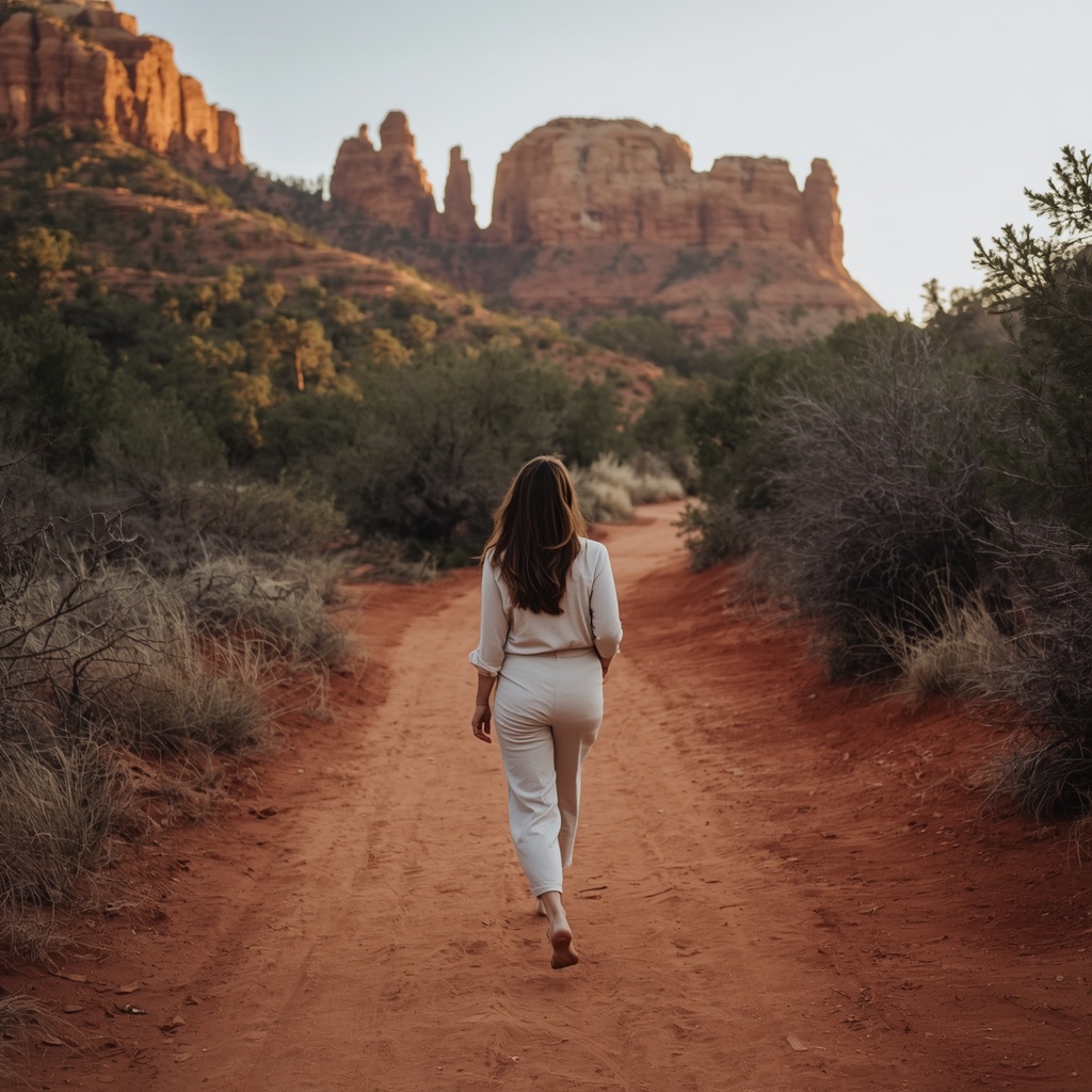 A solo woman walking mindfully along a red dirt trail through iconic Sedona red 0