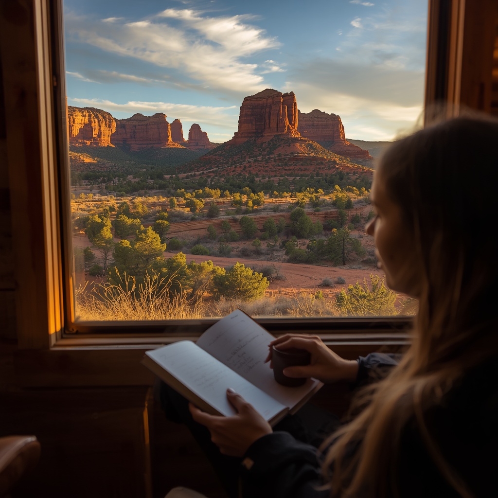 lucid origin Aerial wide angle view of Sedona Arizona red rock canyon landscape at sunrise to 0